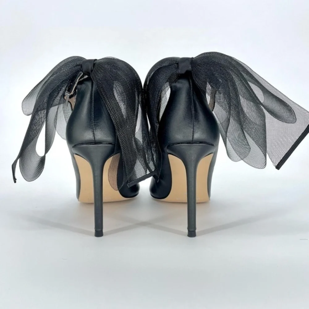 CHARLES DAVID Rogue Black Leather Ankle Strap Pointed Toe Pump Tulle Bow New 8.5